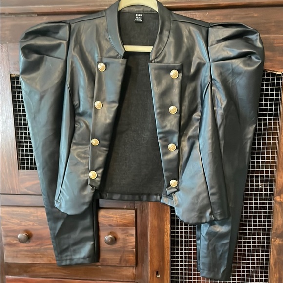Black and Gold PU Leather Jacket with Bold Silhouette - Picture 1 of 3